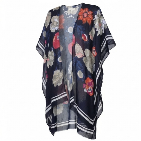 Woven Heart Sweaters - Woven Heart Navy Floral Sheer Kimono Cardigan with Red and Cream Flowers